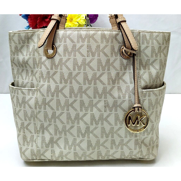 Michael Kors Jet Set Gray Crossgrain Leather MK Printed Pocket Tote Shoulder Bag - Picture 10 of 16